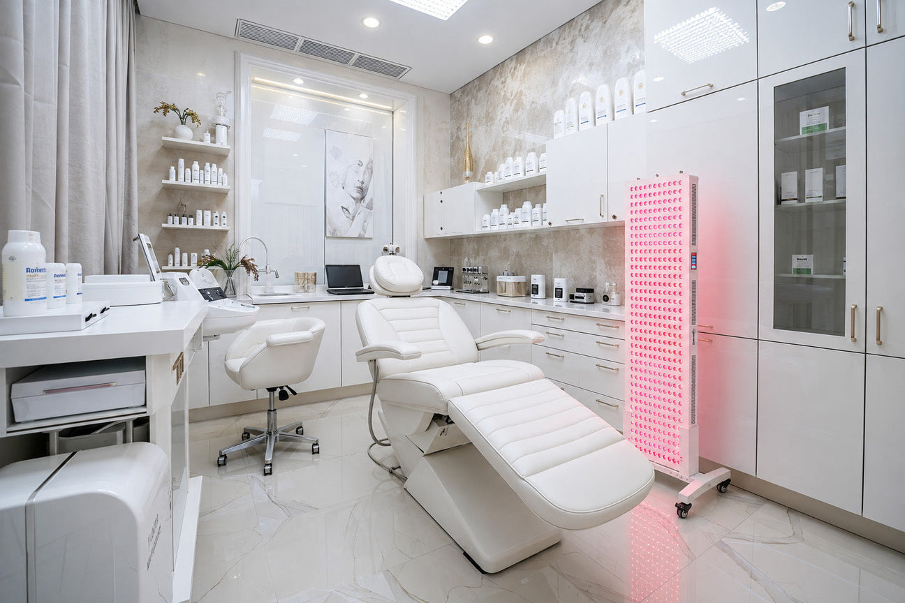 Red light panel in a clinical setting