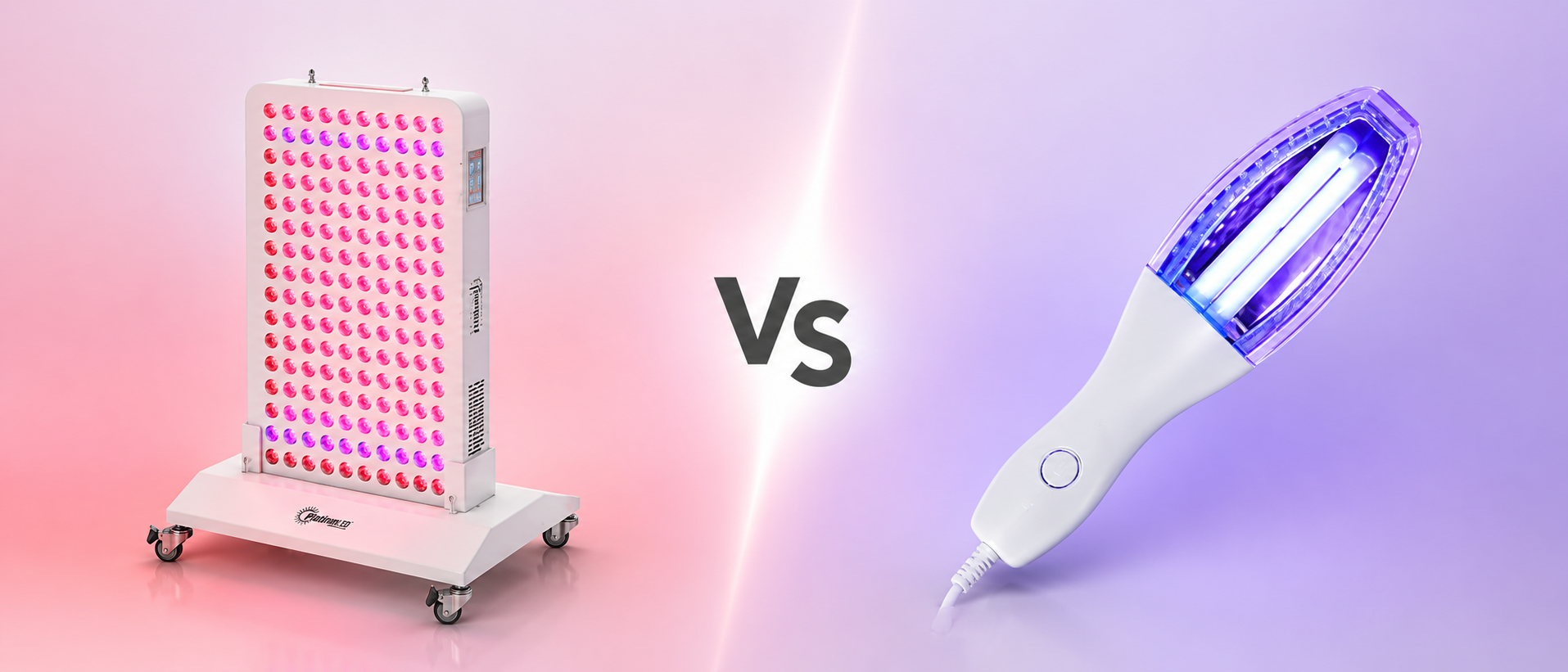 Dermfix red light therapy panel and narrowband UVB 311nm handheld lamp side by side, comparing the two types of phototherapy device.