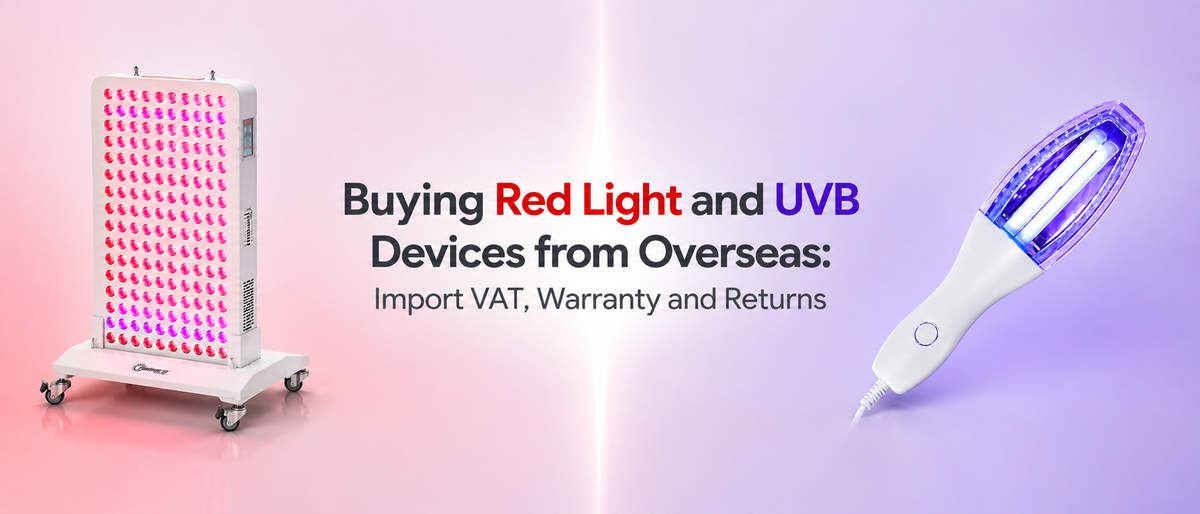 Dermfix RLF red light therapy panel and narrowband UVB lamp, illustrating a guide to import VAT, warranty and returns when buying phototherapy devices from overseas.