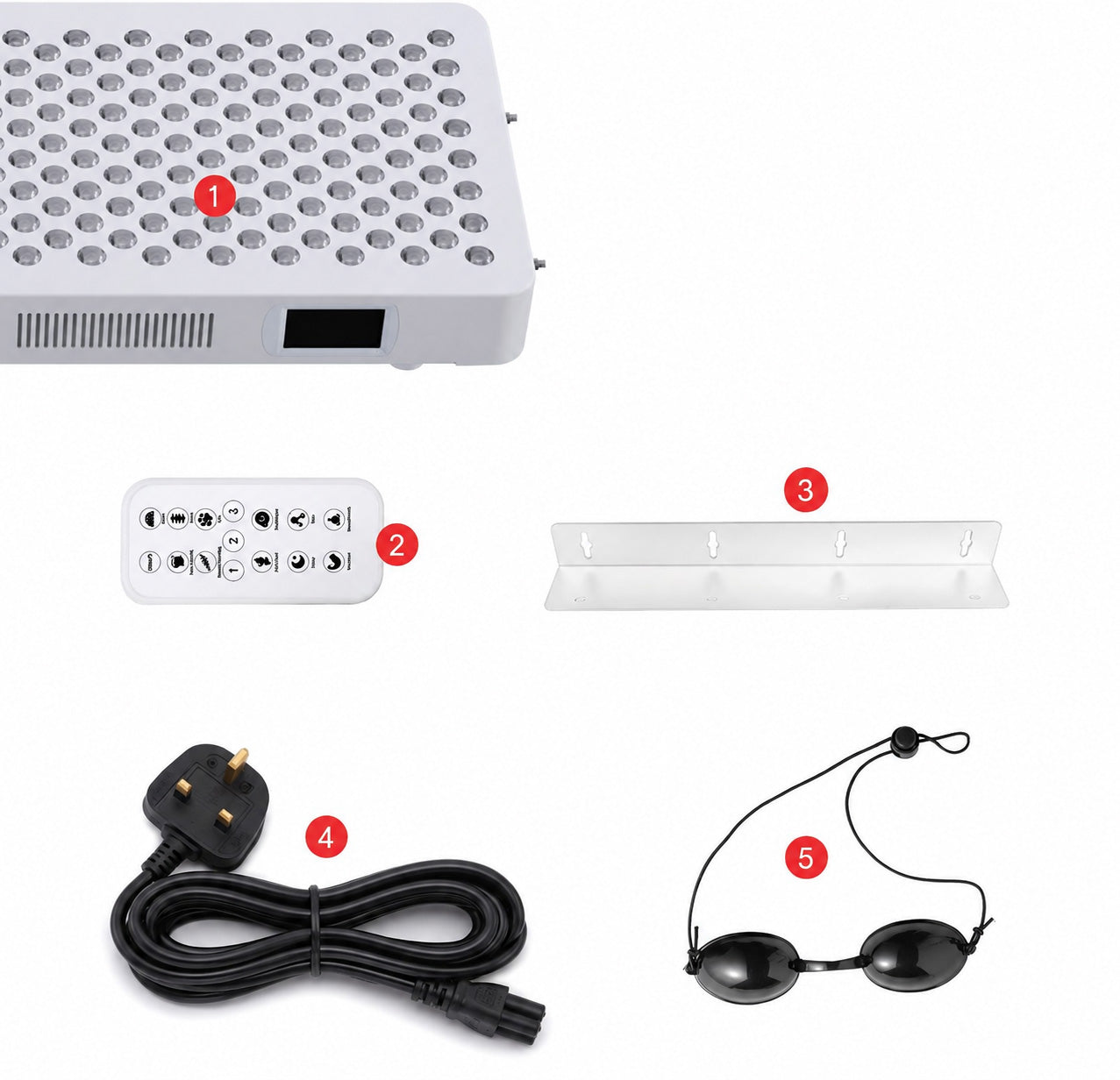 UK three-pin mains plug fitted to Dermfix RLF red light panels